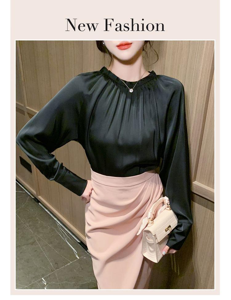 Long Sleeve Round Neck Plain Ruched Blouse Product Image