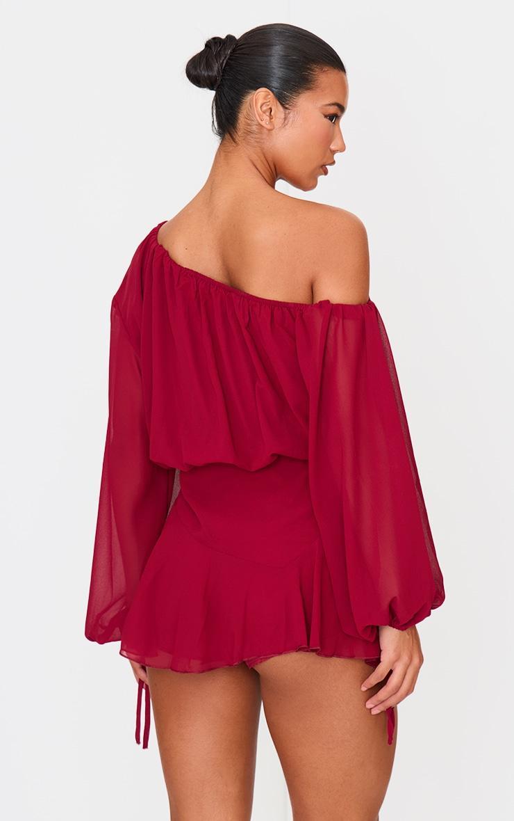 Burgundy Chiffon One Shoulder Floaty Skort Romper Product Image