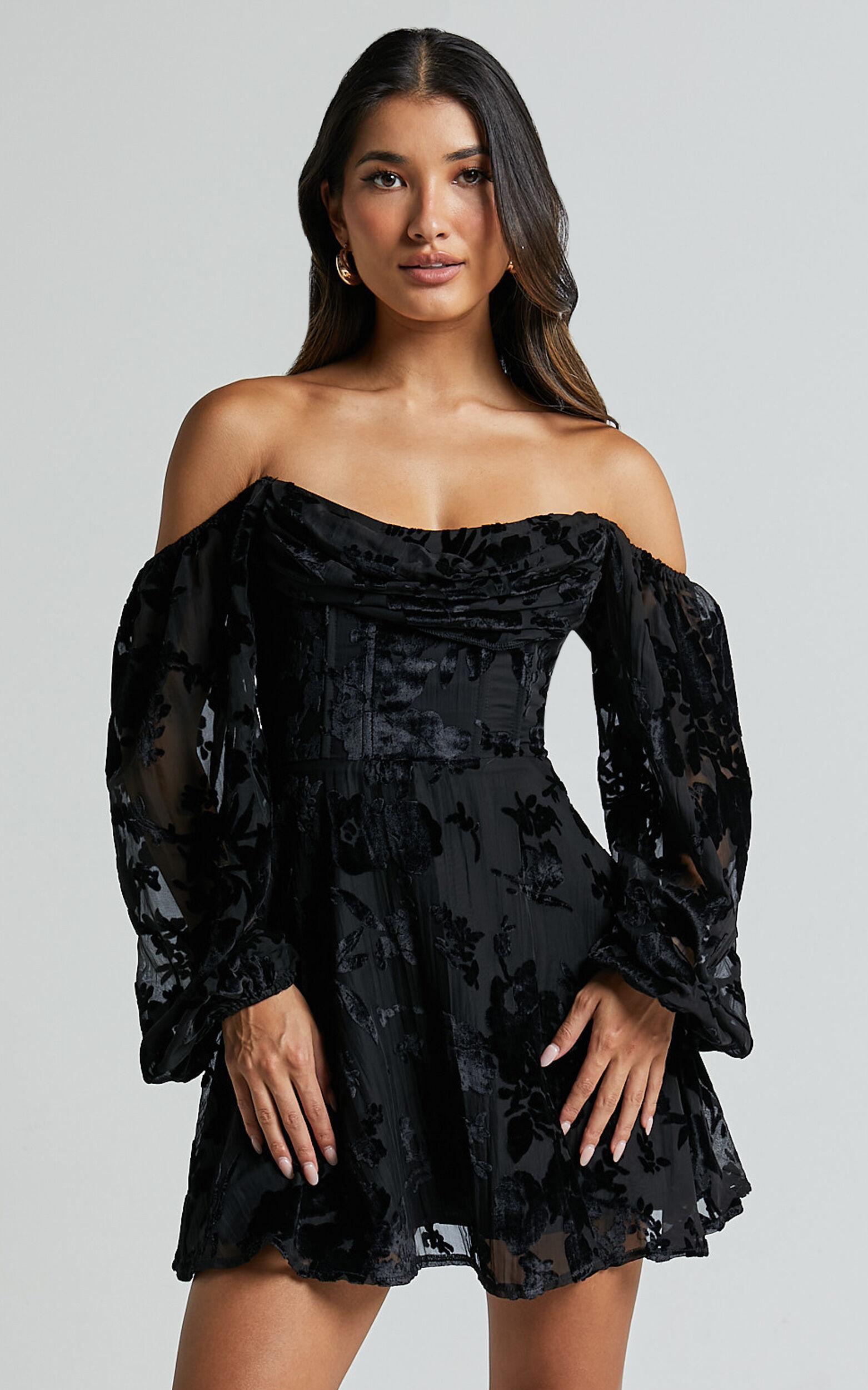 Jessell Mini Dress - Long Sleeve Cowl Corset Dress in Ebony Burnout Product Image