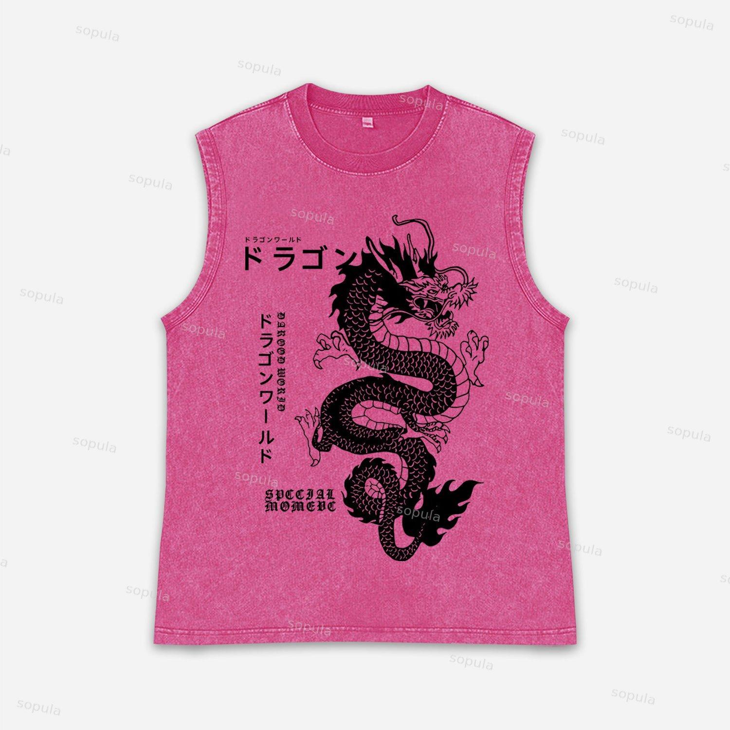 Vintage Japanese Dragon Graphic Acid Washed Tank Tops Product Image