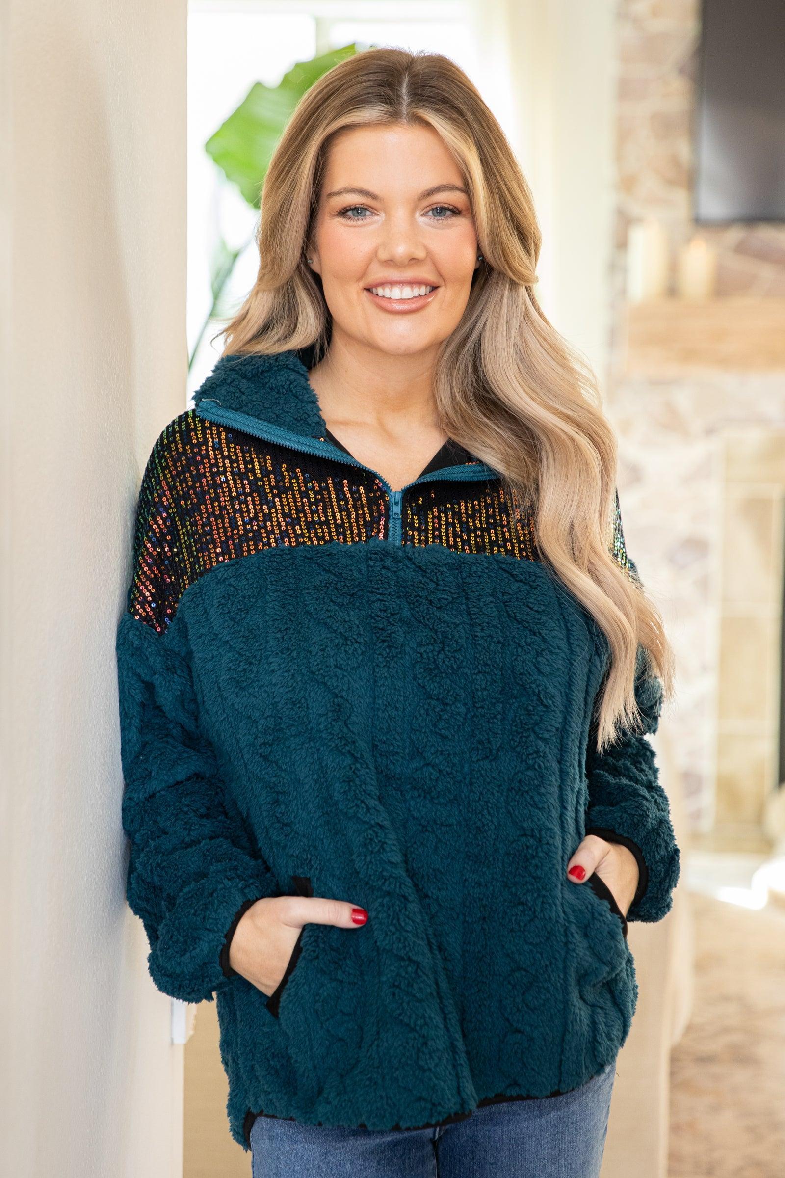 Teal Faux Fur Cable Pullover With Sequins Product Image