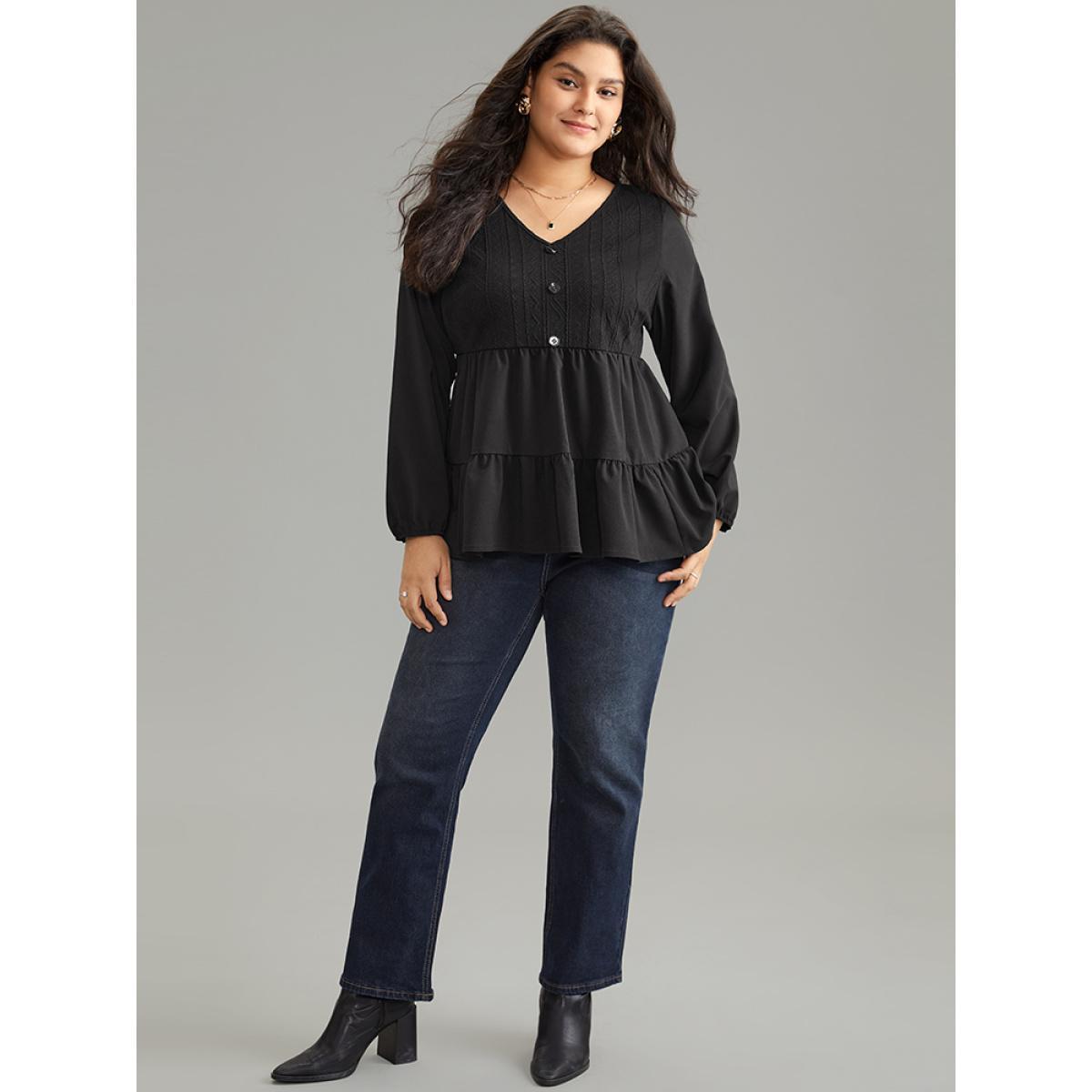 Plus Size Black Solid Textured Button Detail Ruffle Layered Hem Blouse Women Casual Long Sleeve V-neck Office Blouses BloomChic 14-16/1X Product Image