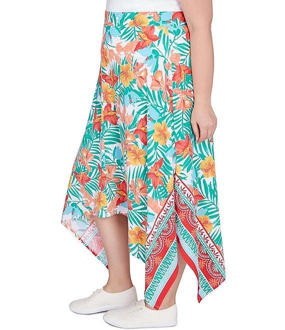 Ruby Rd. Plus Size Crepe Knit Tropical Geo Print Elastic Waist Asymmetrical Hem Midi Pull-On A-Line Skirt Product Image