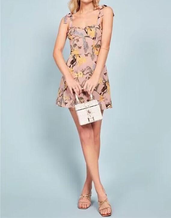 Tie Shoulder Floral Bird Print Ruffle Mini A-Line Dress Product Image