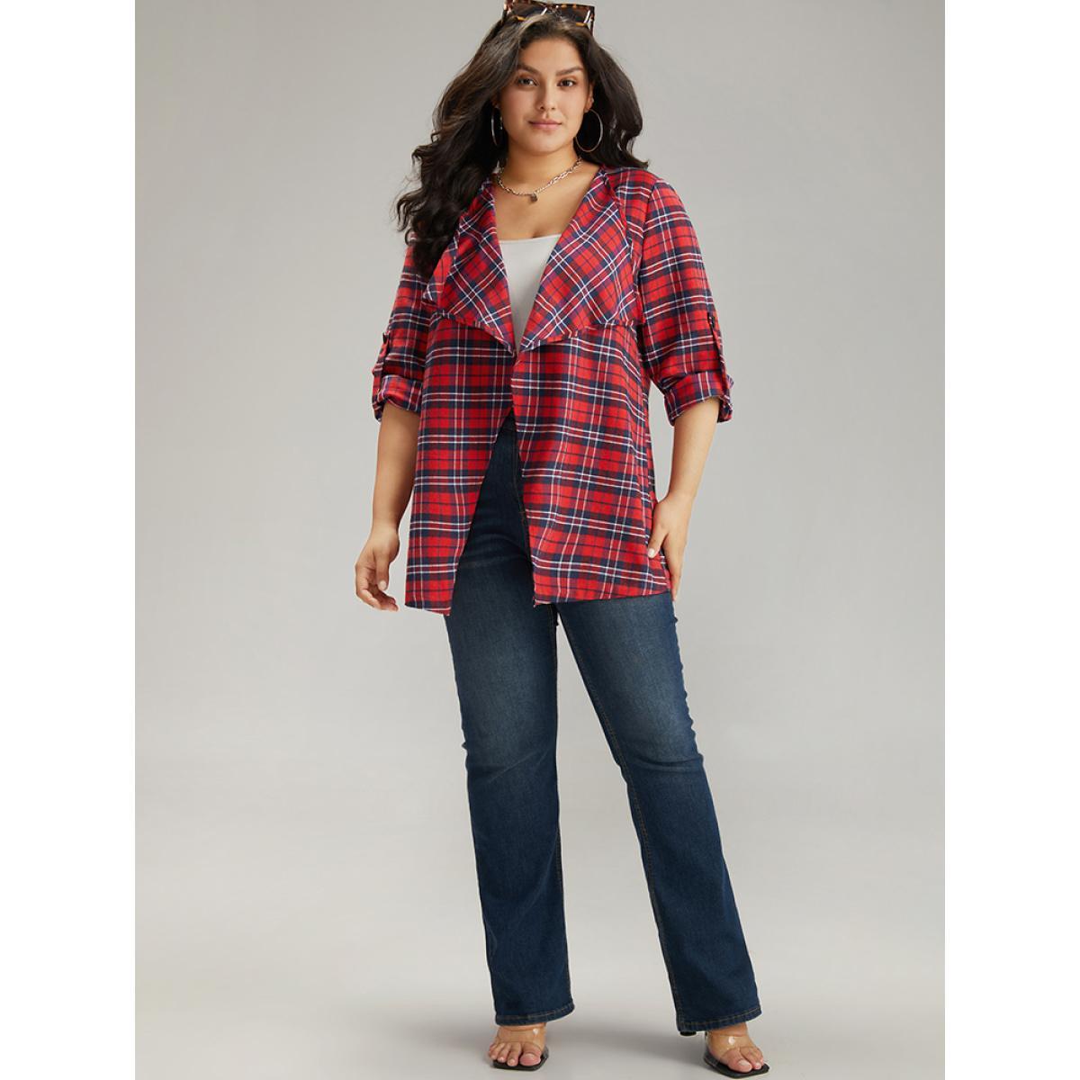 Plus Size Plaid Asymmetrical Hem Tab Sleeve Jacket Women Scarlet Button Dailywear Jackets BloomChic 28/5X Product Image