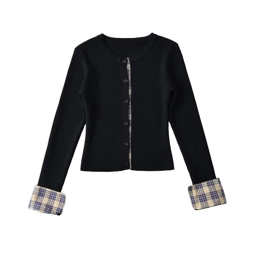 Crewneck Button-Up Plain Crop Cardigan Product Image