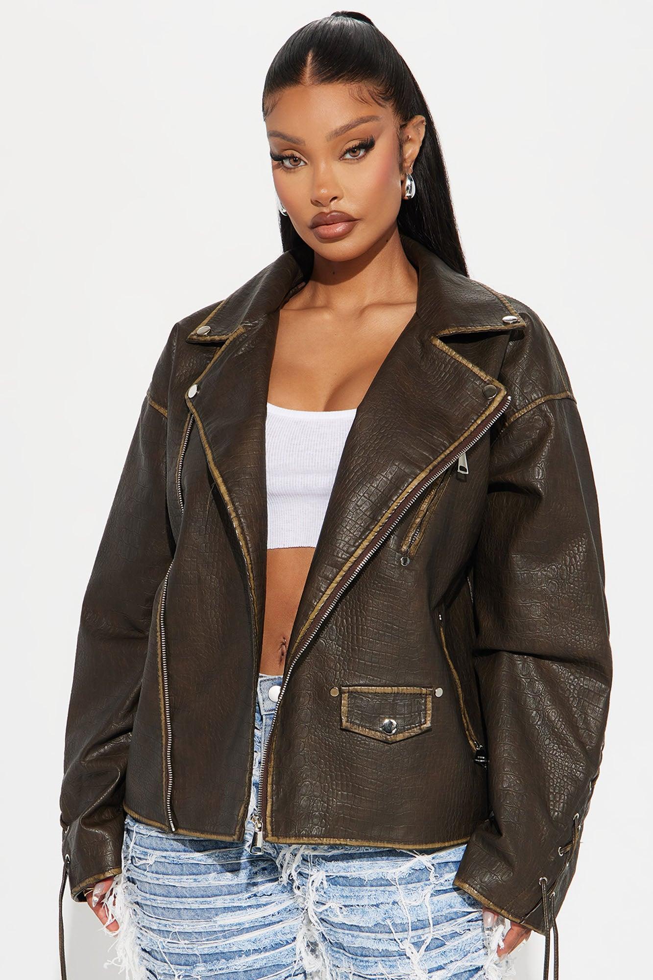 Watch Your Back Lace Up Faux Leather Jacket - Chocolate Product Image