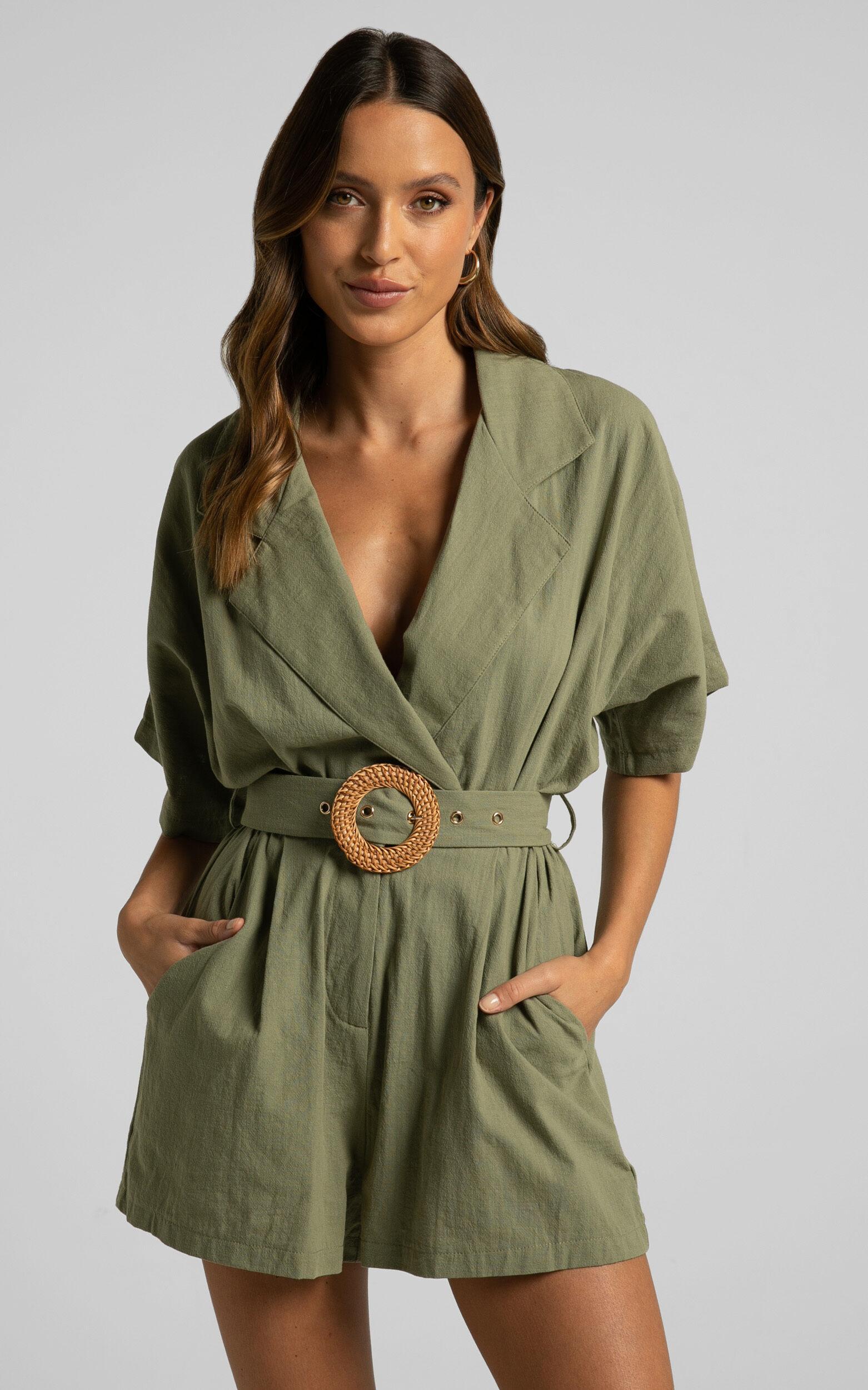 Thaisa Playsuit - Short Sleeve Collared Belted Playsuit in Khaki Product Image