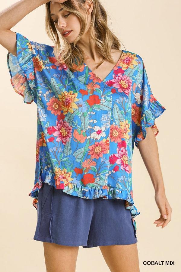 Susanne Satin Floral Print V-Neck Ruffle Hem Top - Reg & Plus! Product Image