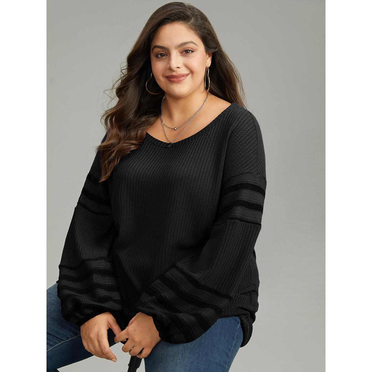 Plus Size Plain Texture Patchwork Hollow Out T-shirt Black Women Casual Elastic cuffs Plain Round Neck Dailywear T-shirts BloomChic 12/L Product Image