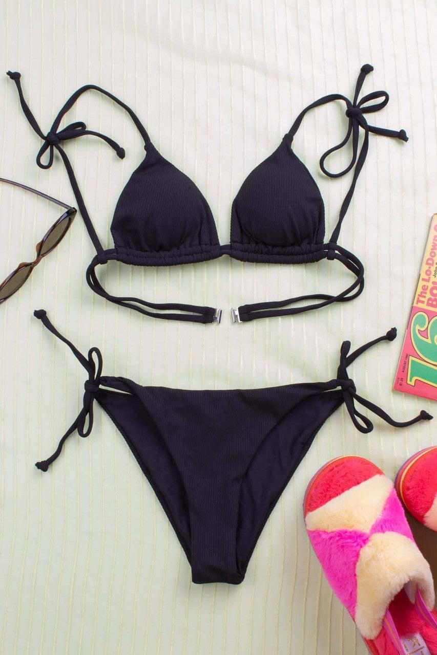 Black Ribbed String Bikini Bottom Product Image