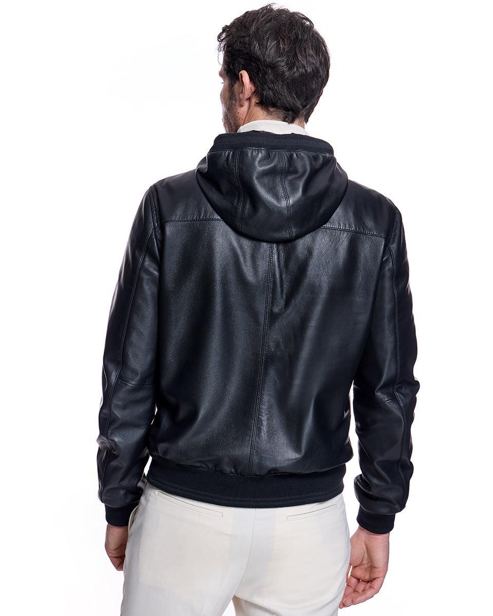 Men's Slim Fit Leather Hooded Jacket Product Image
