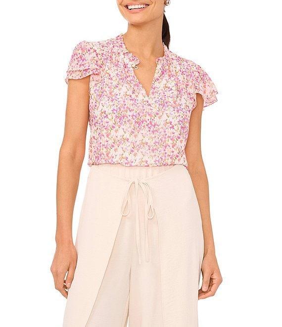 CeCe Woven Floral Print Split Round Neck Flutter Sleeve Ruffle Blouse Product Image