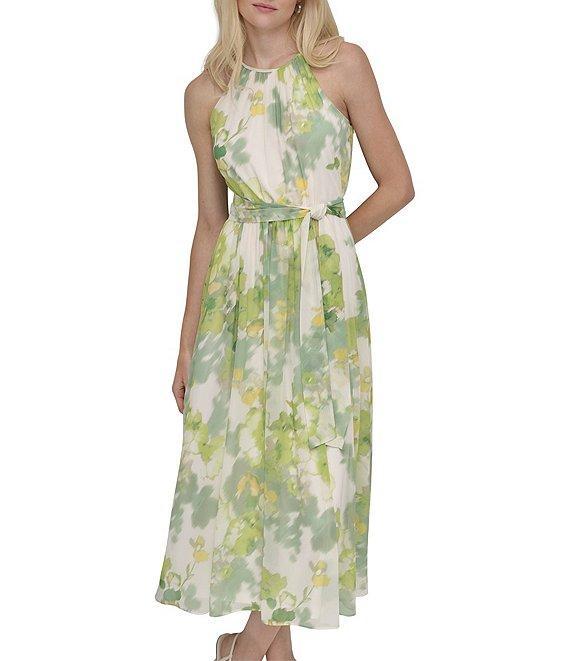 DKNY by Donna Karan Chiffon Floral Print Halter Neck Sleeveless Waist Tie Blouson Midi Dress Product Image