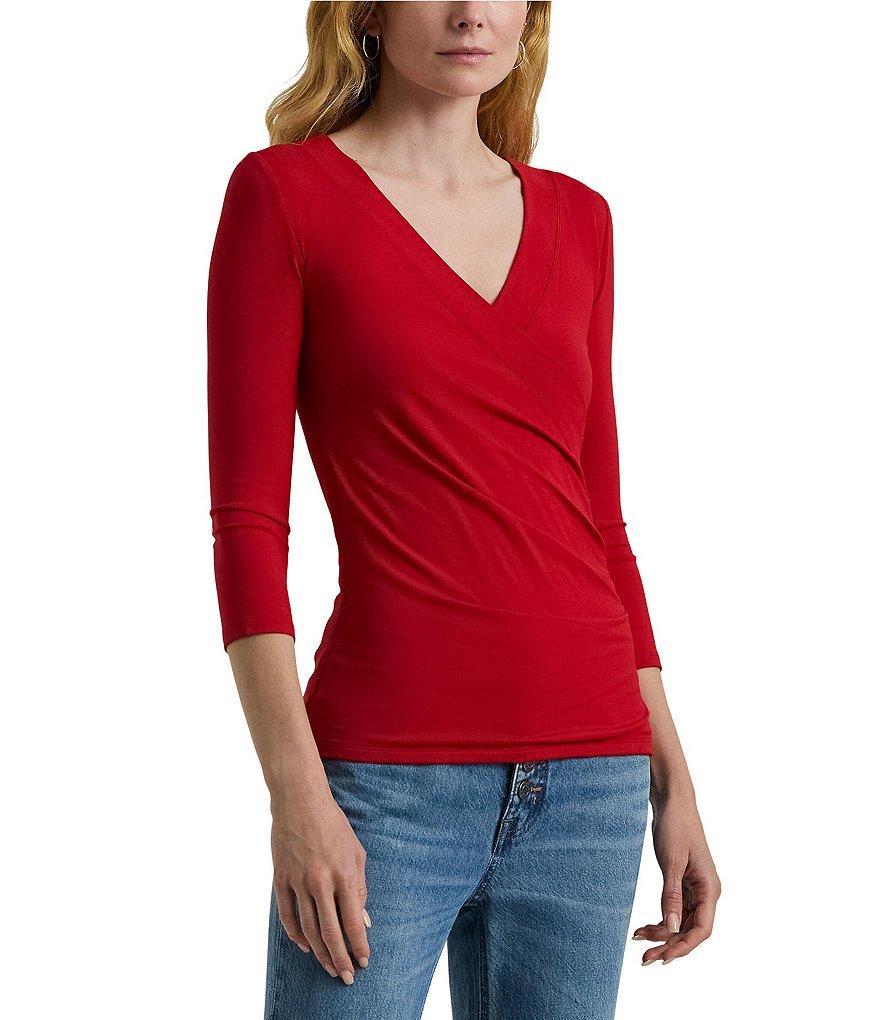 Lauren Ralph Lauren Solid Jersey Knit Surplice V-Neck 3/4 Sleeve Slim Fit Top Product Image