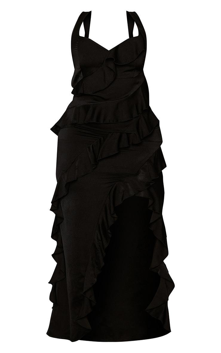 Plus Black Satin Frill Layered Maxi Dress Product Image