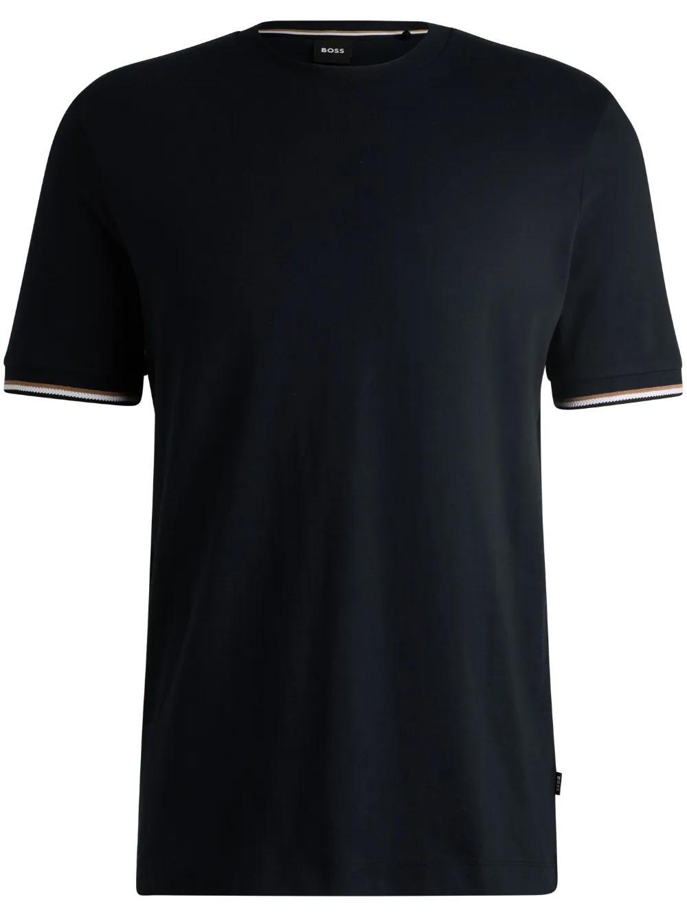 HUGO BOSS Cotton-jersey T-shirt With Signature-stripe Cuffs In Dark Blue Product Image