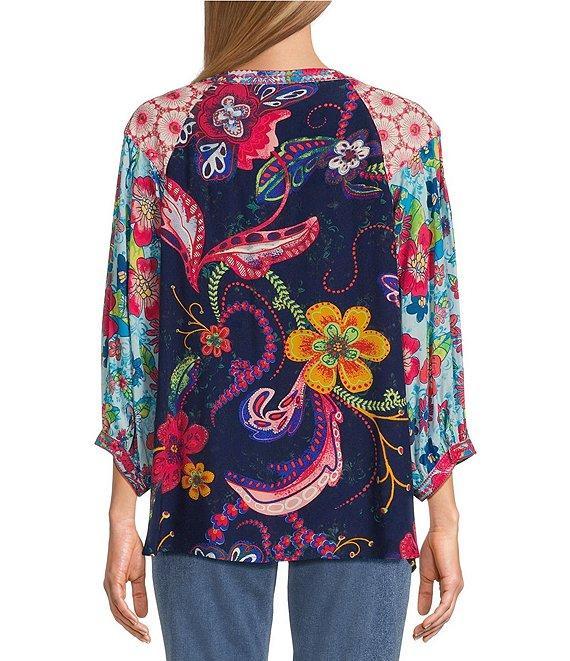 John Mark Embroidered Mixed Floral Print Split V-Neck 3/4 Sleeve Popover Top Product Image