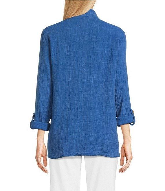 Ali Miles Woven Novelty Abstract Fish Print Wire Collar 3/4 Roll-Tab Sleeve Button Front Tunic Product Image