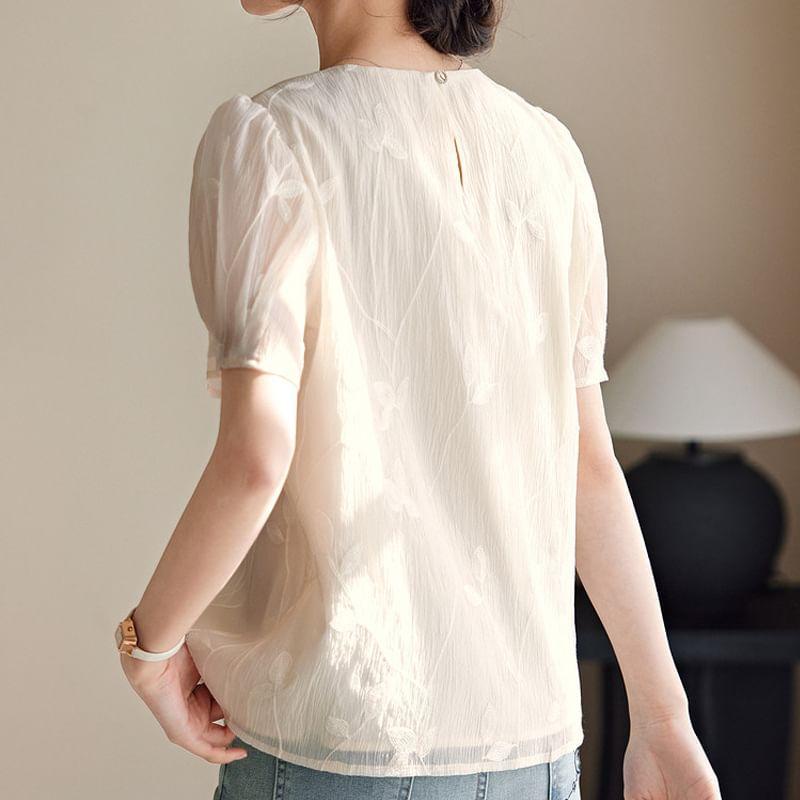 Short-Sleeve Crew Neck Embroidered Blouse Product Image