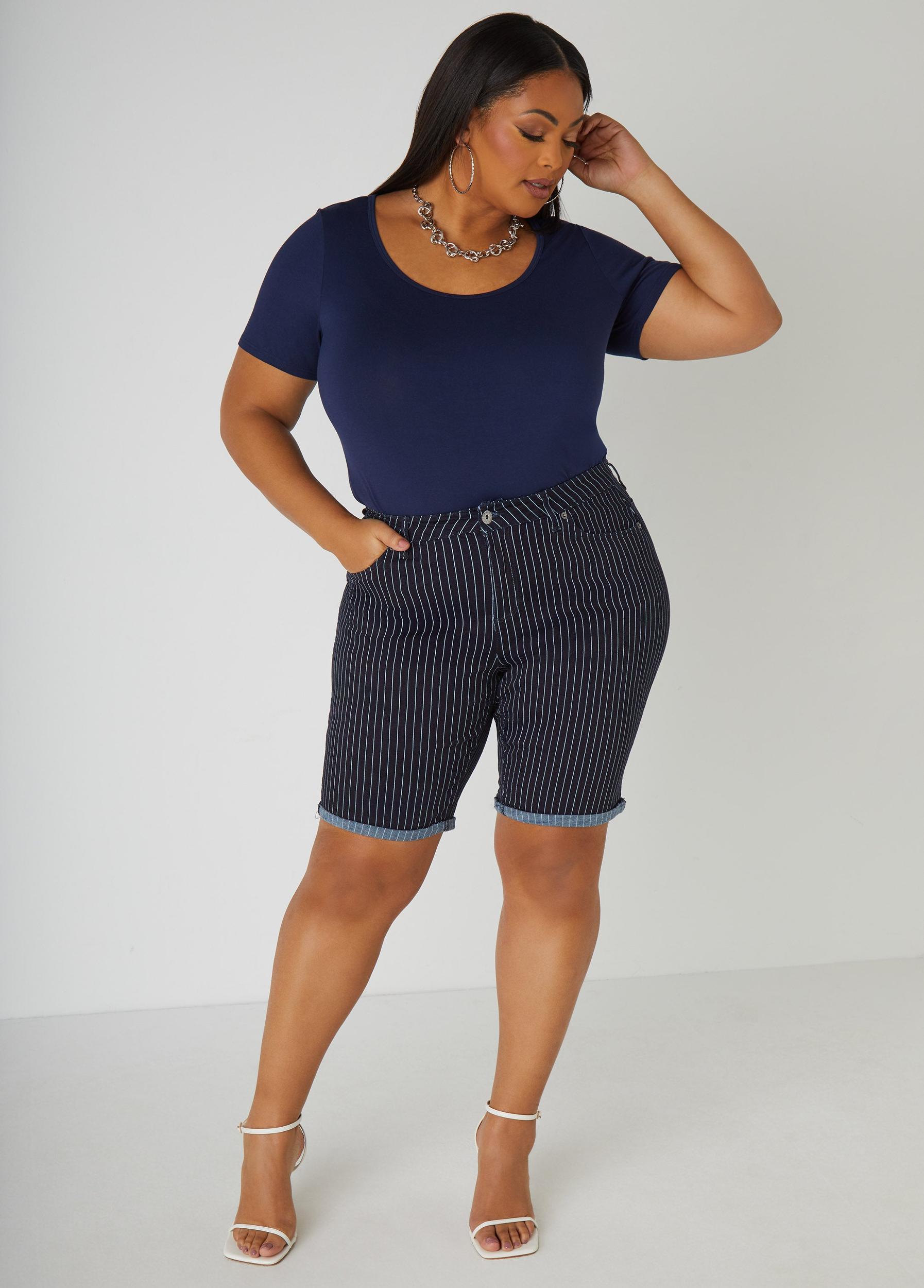 Cuffed Pinstriped Denim Shorts Product Image