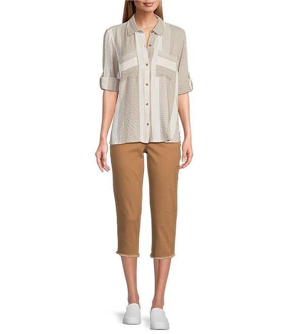 Intro Woven Stripe Point Collar Long Roll-Tab Sleeve Button Front Shirt Product Image