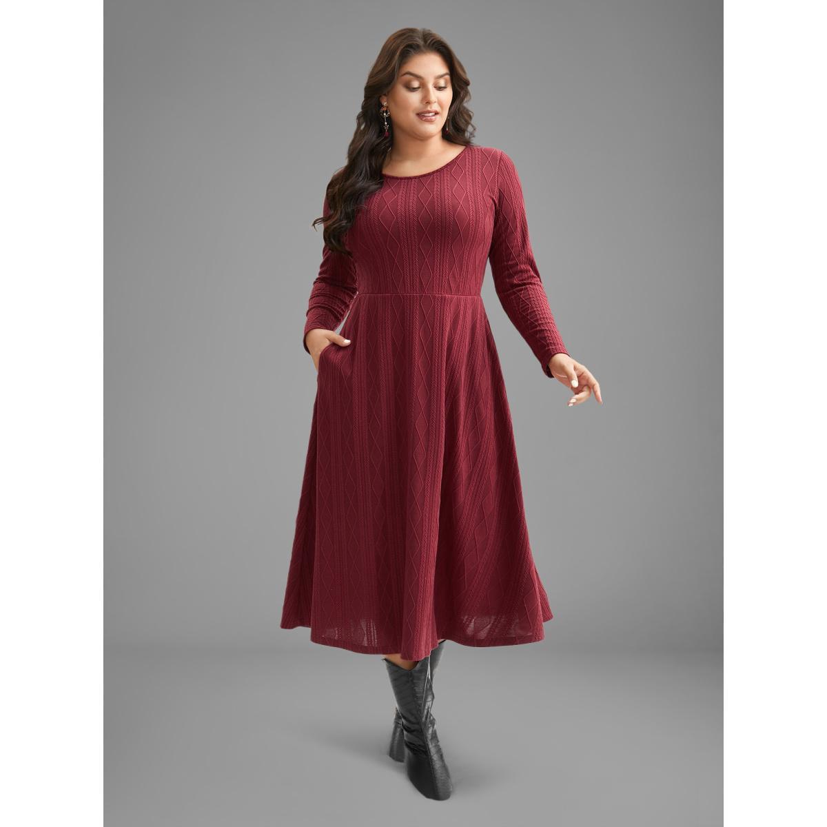 Plus Size Textured Knit Fit-And-Flare Midi Dress Burgundy Women Leisure Texture Round Neck Long Sleeve Curvy BloomChic 26/4X Product Image