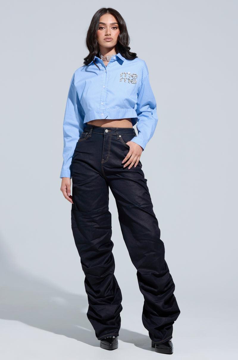 NEVER CHANGE UP WAX EFFECT RUCHED JEANS Product Image