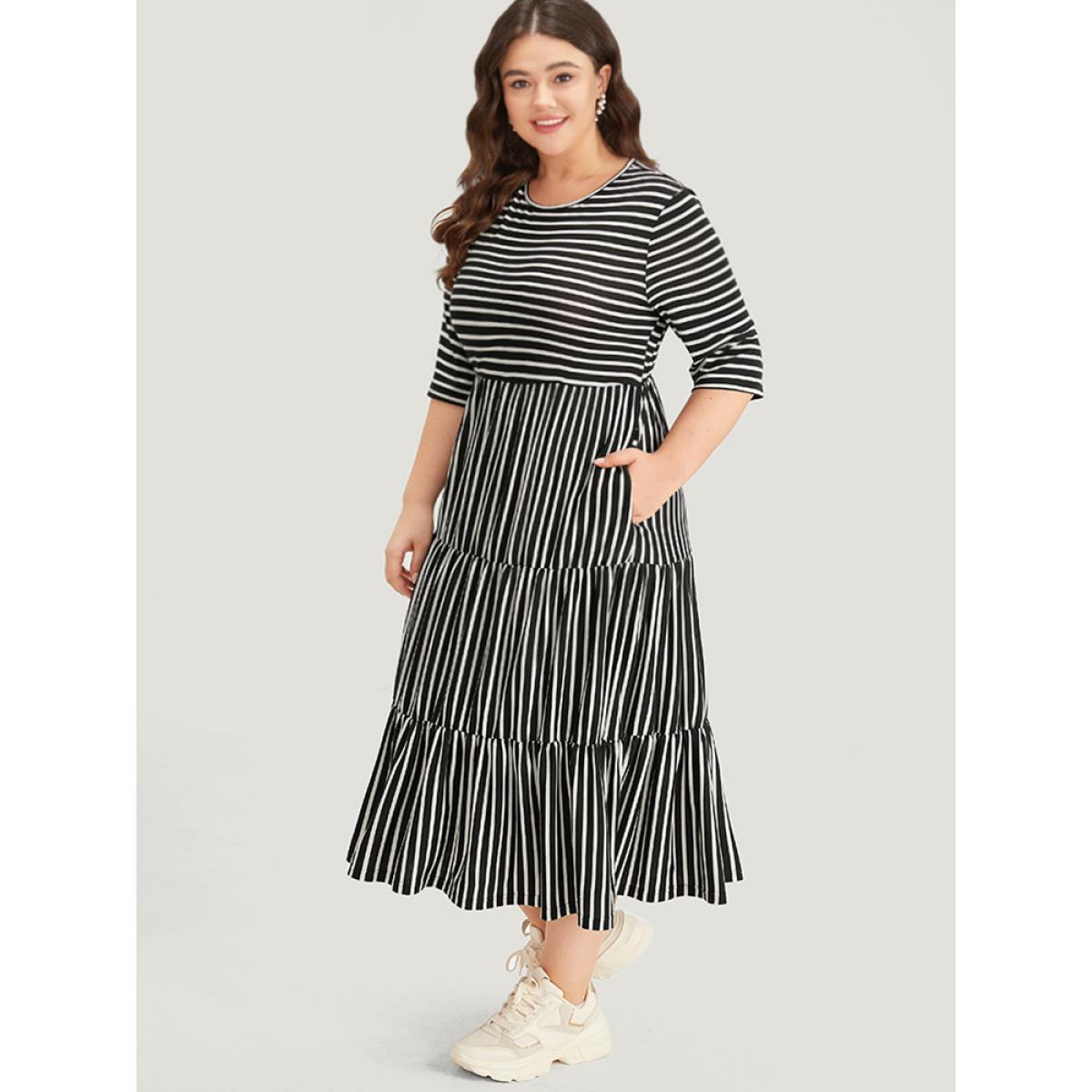 Plus Size Striped Crew Neck Ruffle Layered Hem Dress Black Women Casual Printed Round Neck Half Sleeve Curvy Midi Dress BloomChic 18-20/2X Product Image