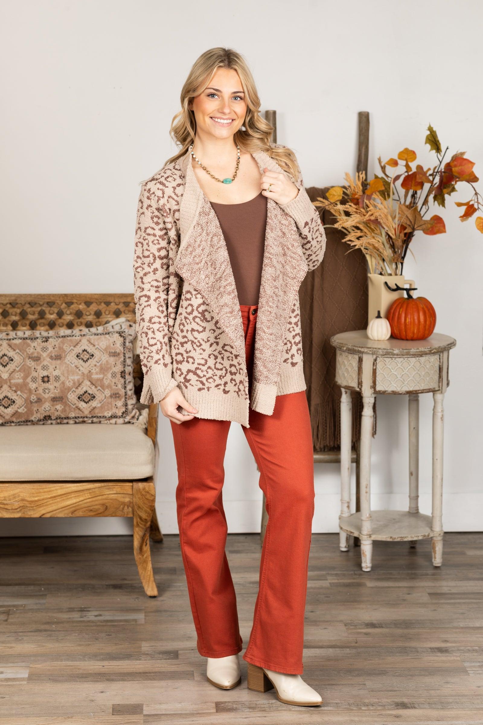 Taupe Open Front Animal Print Sweater Cardigan Product Image