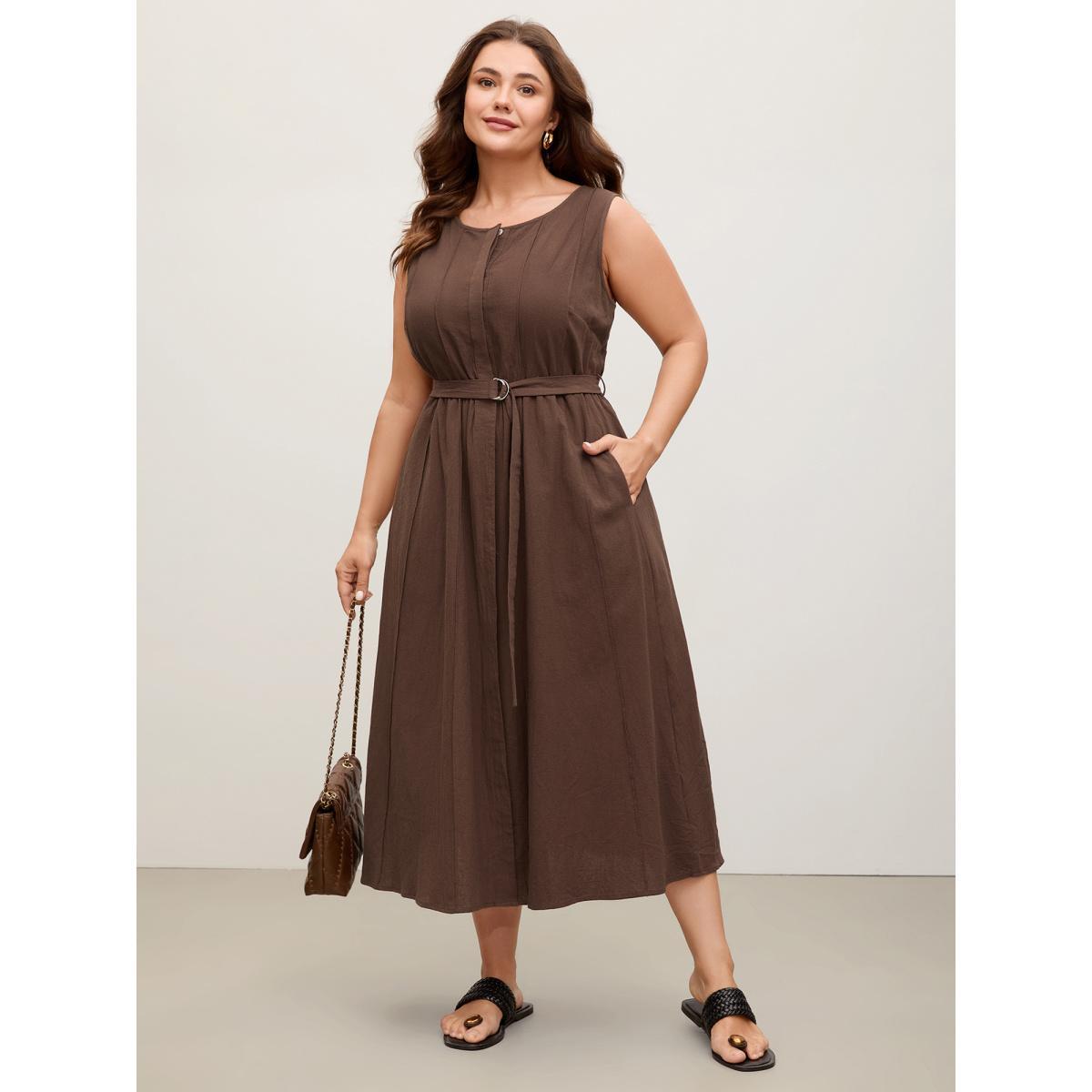 Plus Size Pure Cotton Adjustable Belt Placket Midi Dress Browncoffeecolor Women Office Tucked seam Round Neck Sleeveless Curvy BloomChic 12/L Product Image