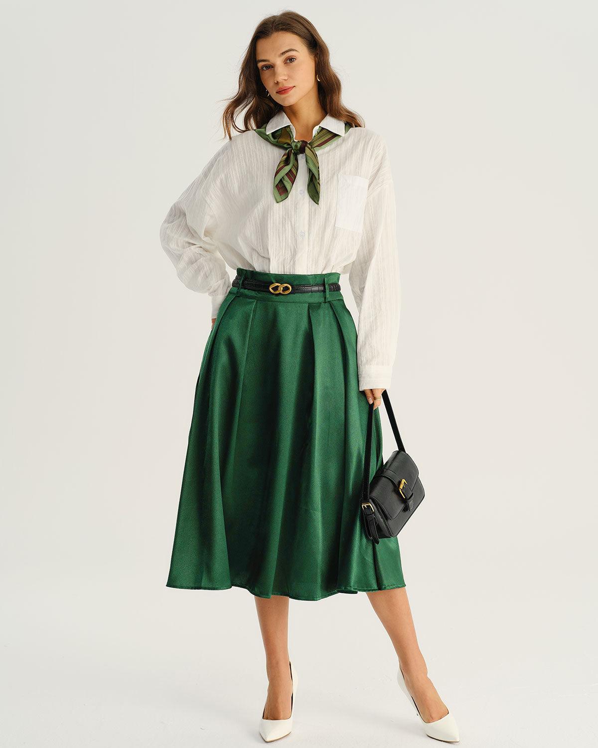 Green Pocket Flared Midi Skirt Product Image