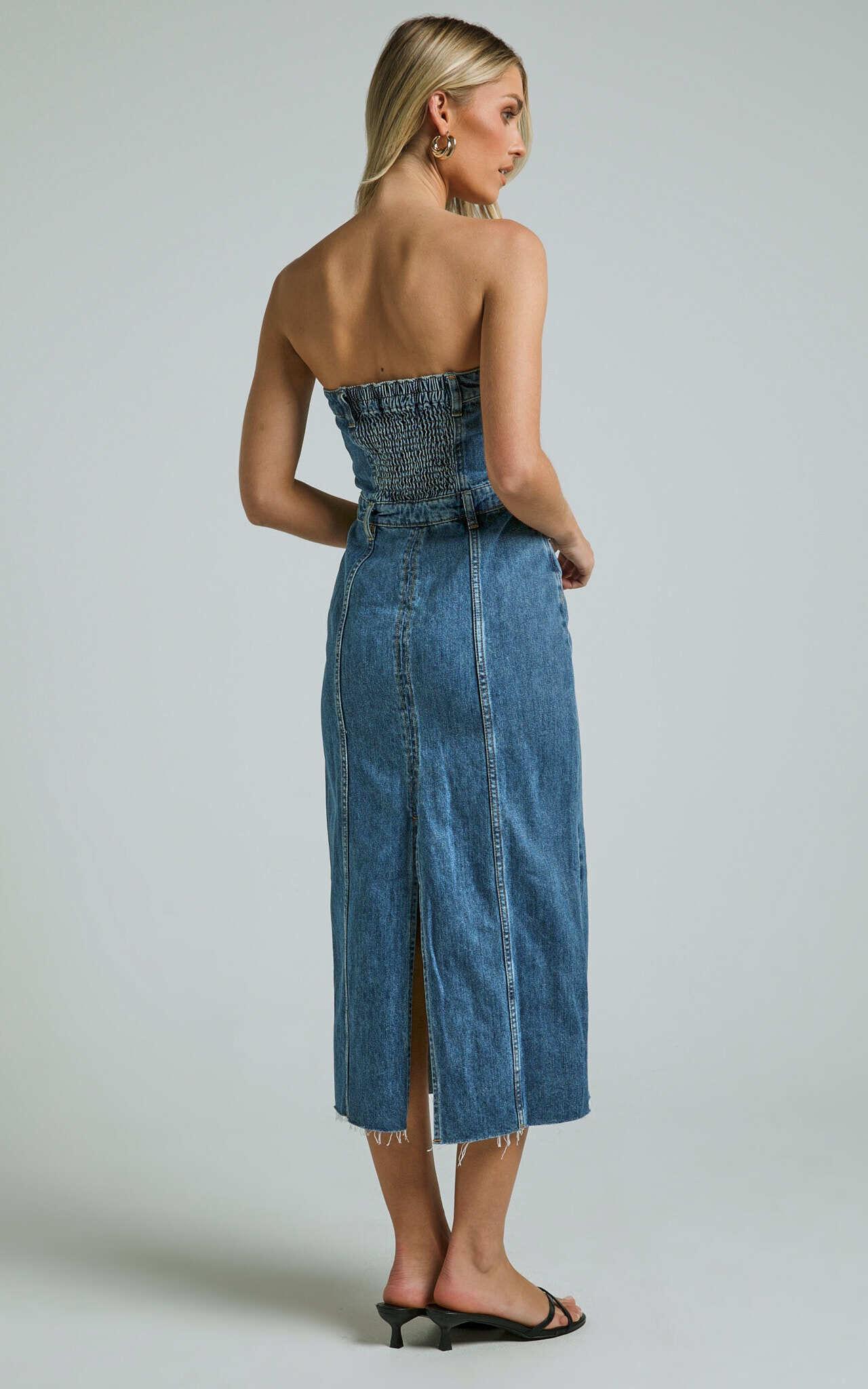 Keyla Midi Dress - Denim Strapless Button Front Shirred Back in Mid Blue Wash Product Image