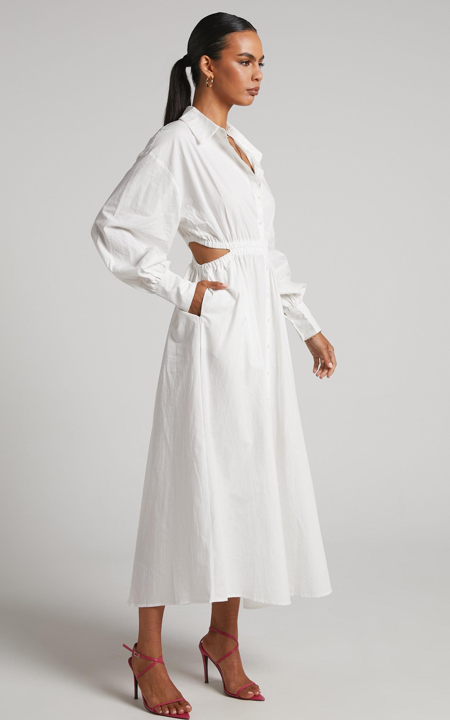 Merabelle Midi Dress - Side Cut Out Collared Long Sleeve Shirt Dress in White Product Image