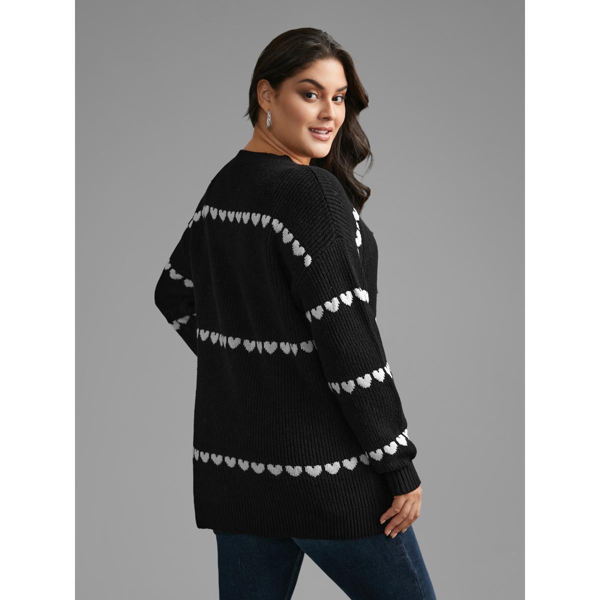 Plus Size Supersoft Essentials Heart Jacquard Pullover Black Women Casual Loose Long Sleeve Round Neck Everyday Pullovers BloomChic 28/5X Product Image
