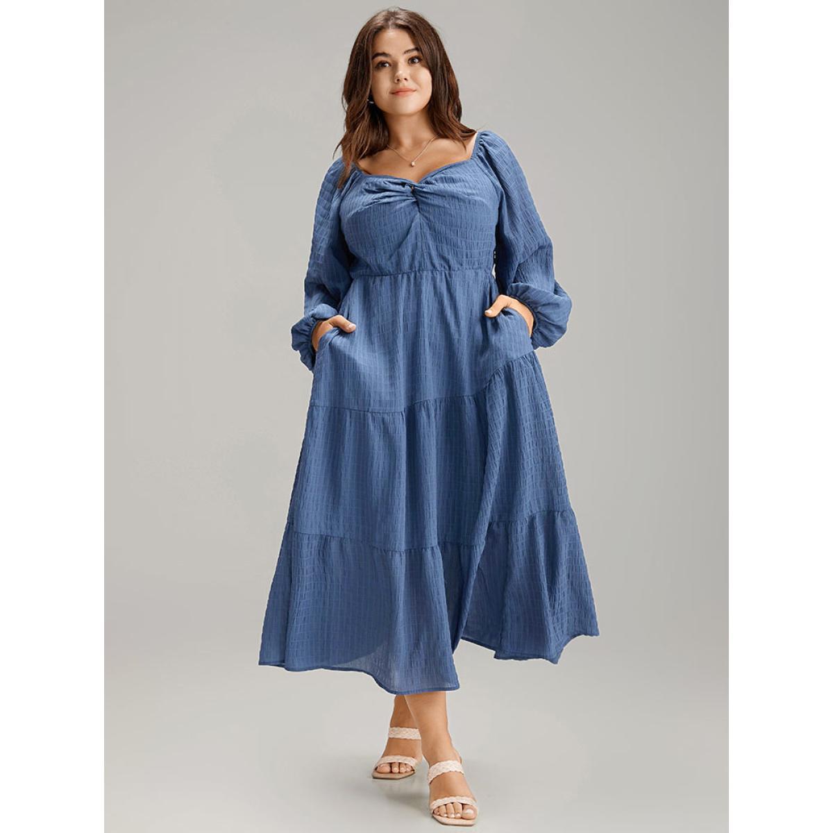 Plus Size Plisse Twist Front Layered Hem Dress Cerulean Women Elegant Elastic cuffs Square Neck Long Sleeve Curvy Midi Dress BloomChic 12/L Product Image
