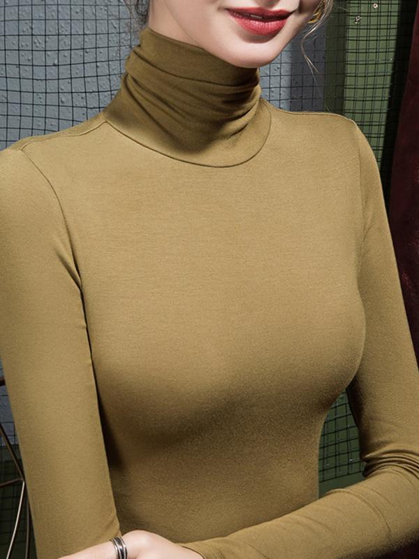 Long Sleeves Plus Size Solid Color Split-Joint High Neck T-Shirts Product Image