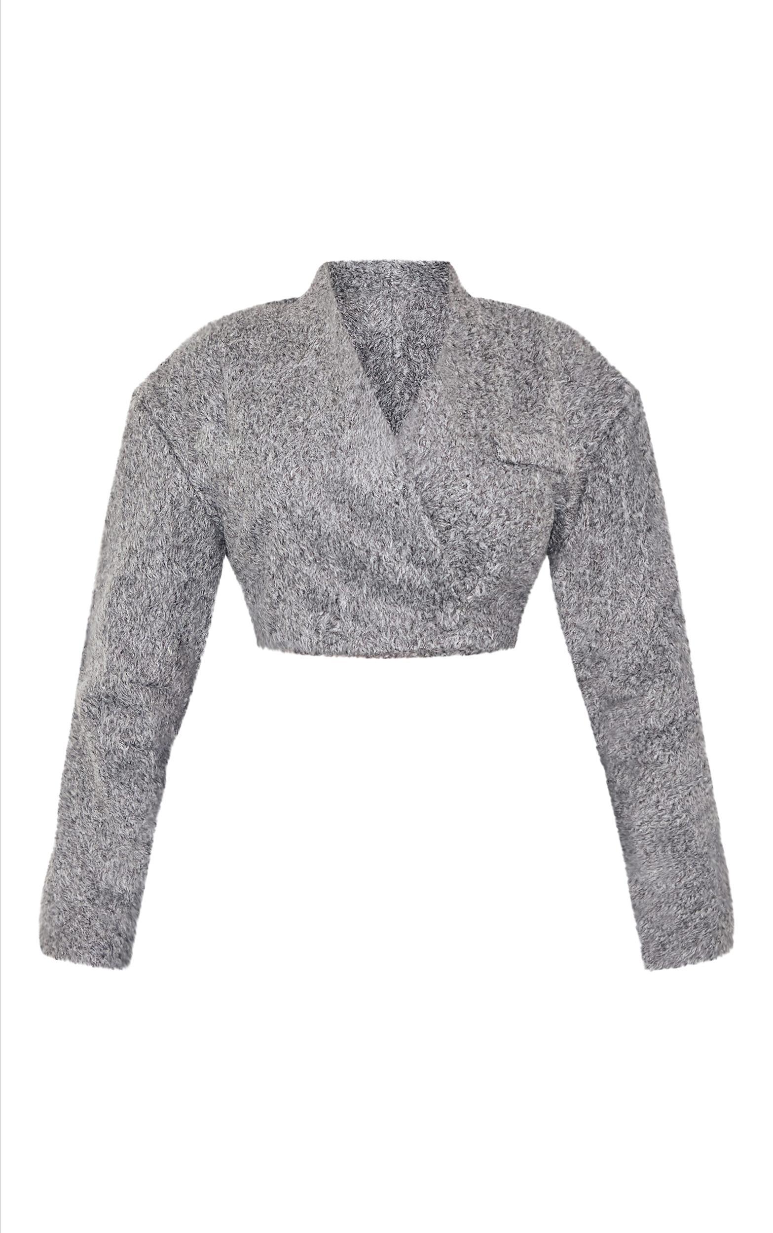 Shape Grey Wool Look Wrap Over Cocoon Sleeve Cropped Jacket Product Image