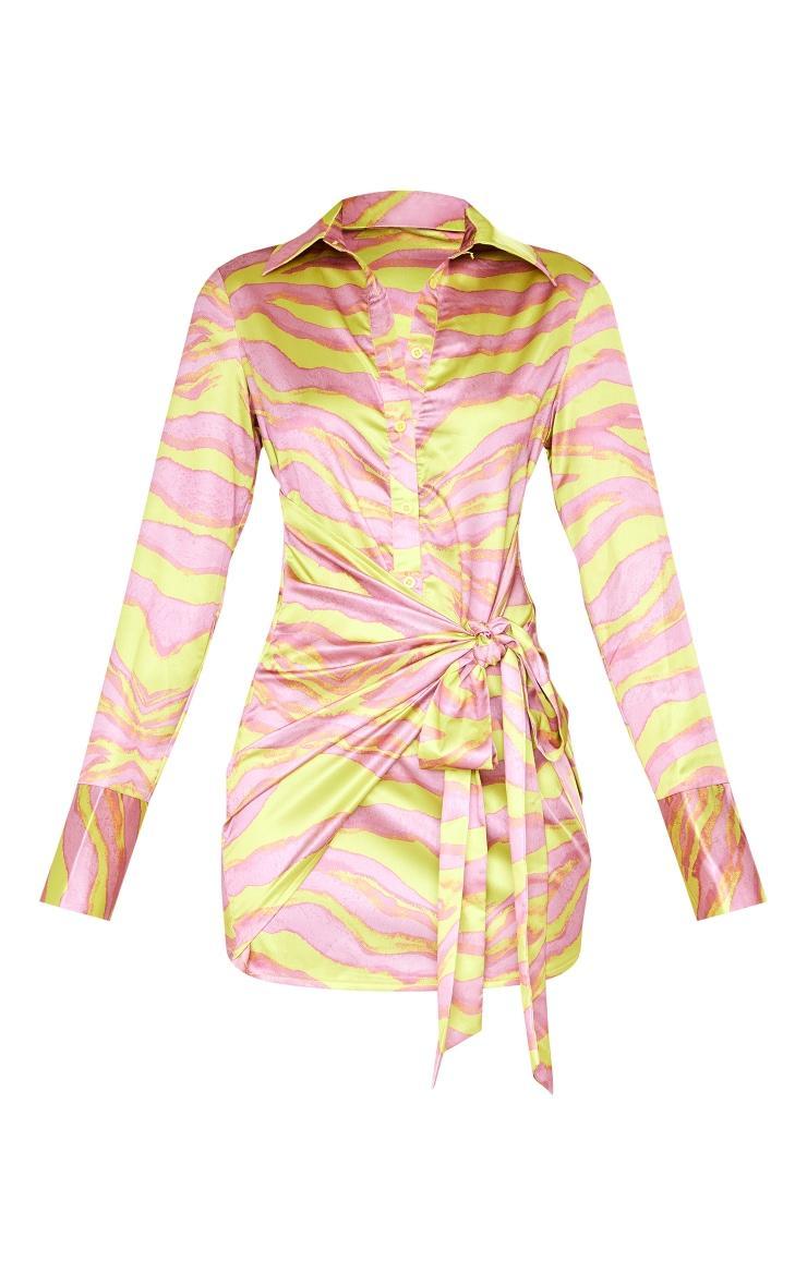 Multi Zebra Print Satin Tie Detail Shirt Dress Product Image