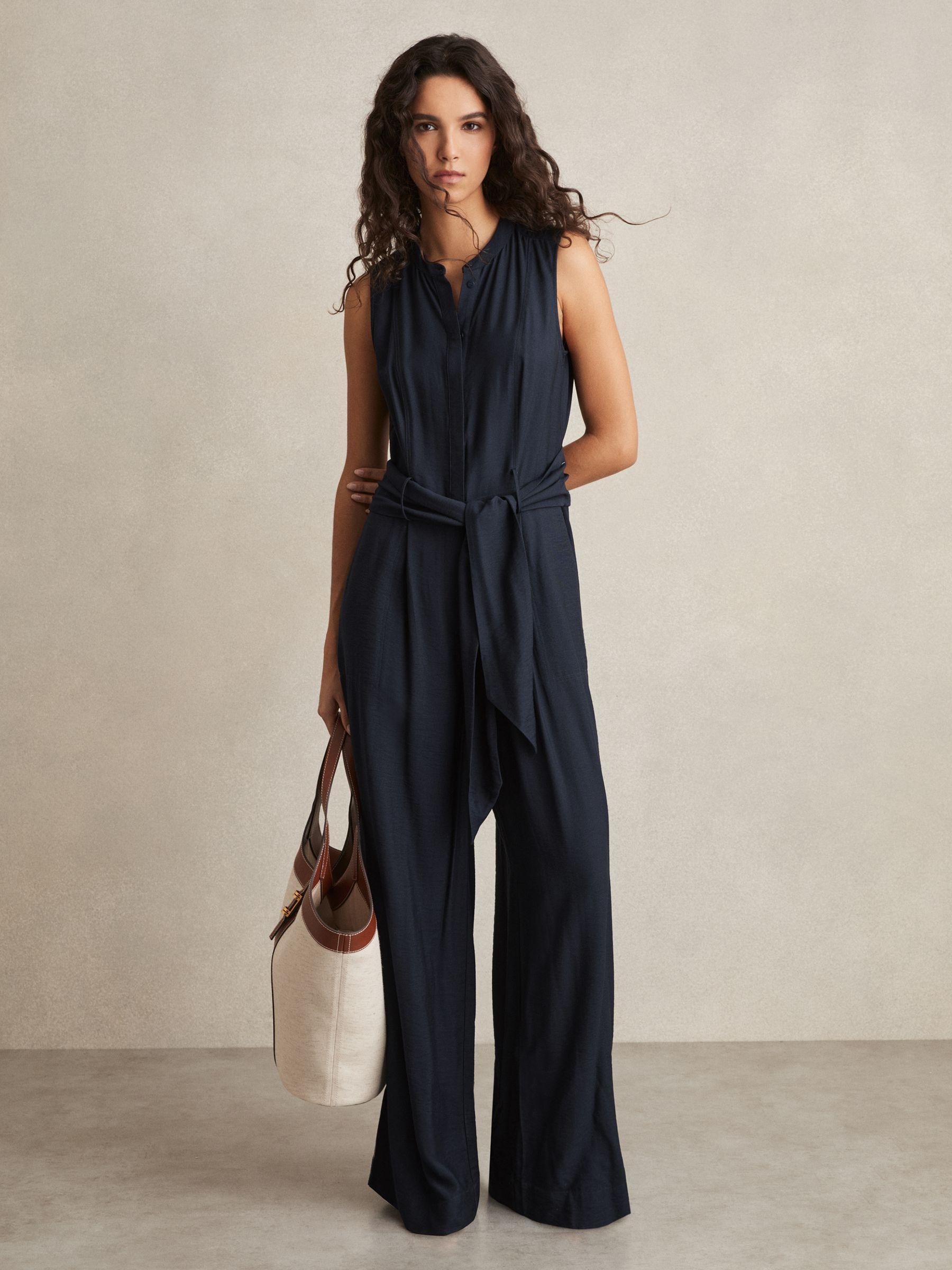 Wide-Leg Belted Jumpsuit in Navy Product Image