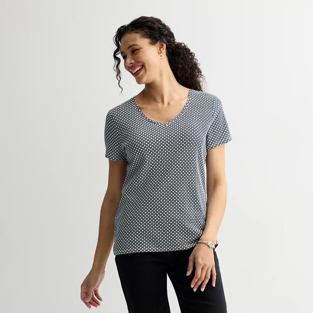 Petite Croft & Barrow® Essential V-Neck Tee, Women's, Size: Small Petite, Blue Micro Ratan Product Image