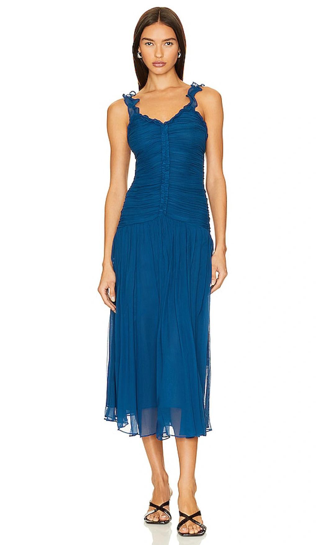 Rosaria Dropped-waist Sleeveless Silk Chiffon Dress In Blue Product Image