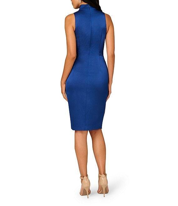 Aidan Mattox Satin Crepe Back Point Collar V-Neck Sleeveless Front Twist Cascade Ruffle Sheath Dress Product Image