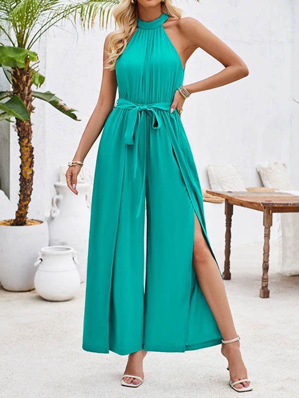 High Waisted Loose Pleated Solid Color Split-Front Tied Waist Halter-Neck Jumpsuits Product Image