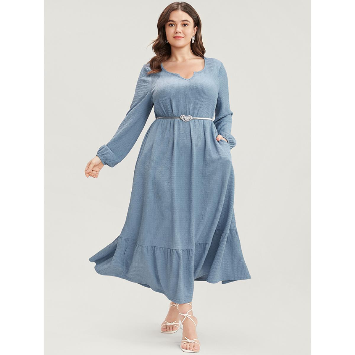 Plus Size Solid Textured Notched Pocket Lantern Sleeve Ruffle Hem Dress LightBlue Women Elegant Pocket V-neck Elbow-length sleeve Curvy Midi Dress BloomChic 22-24/3X Product Image