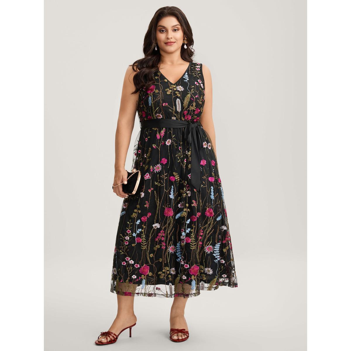 Plus Size Floral Embroidery Belted Midi Dress Black Women Formal V-neck Sleeveless Curvy BloomChic 26/4X Product Image