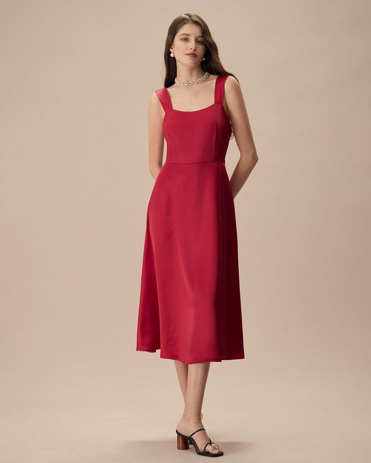 Women's Red Satin Slip Midi Dress Female Product Image
