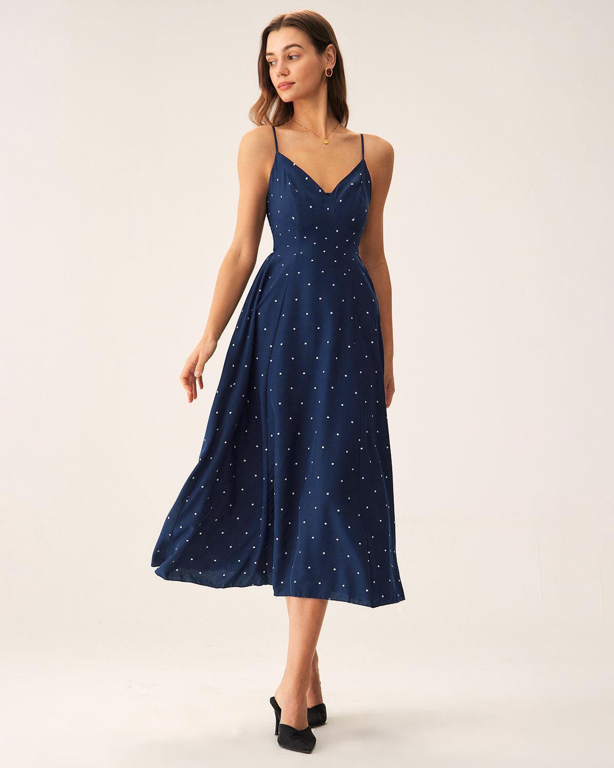 Navy Polka Dot Shirred Slip Midi Dress Product Image