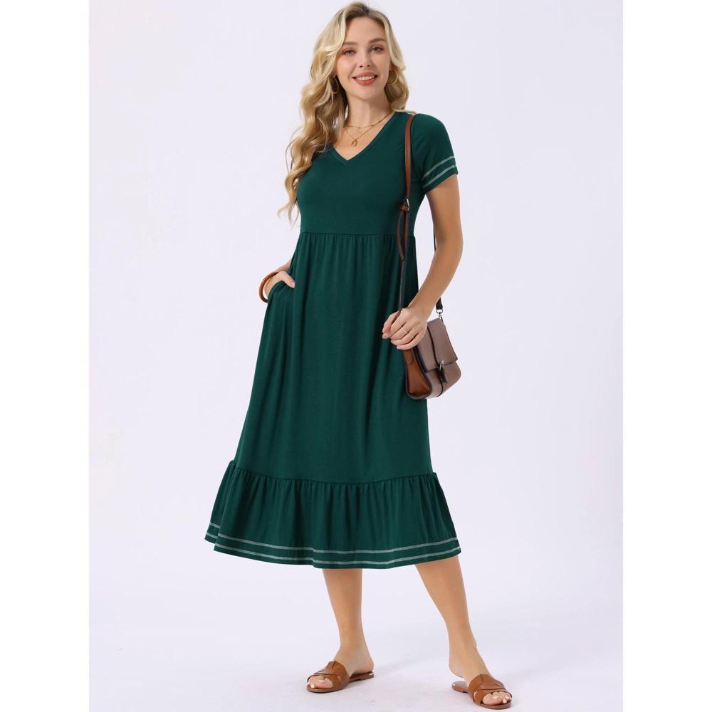 INSPIRE CHIC Women's Summer V Neck Short Sleeve Contrast Trim A Line Midi Summer Dress with Pockets Product Image