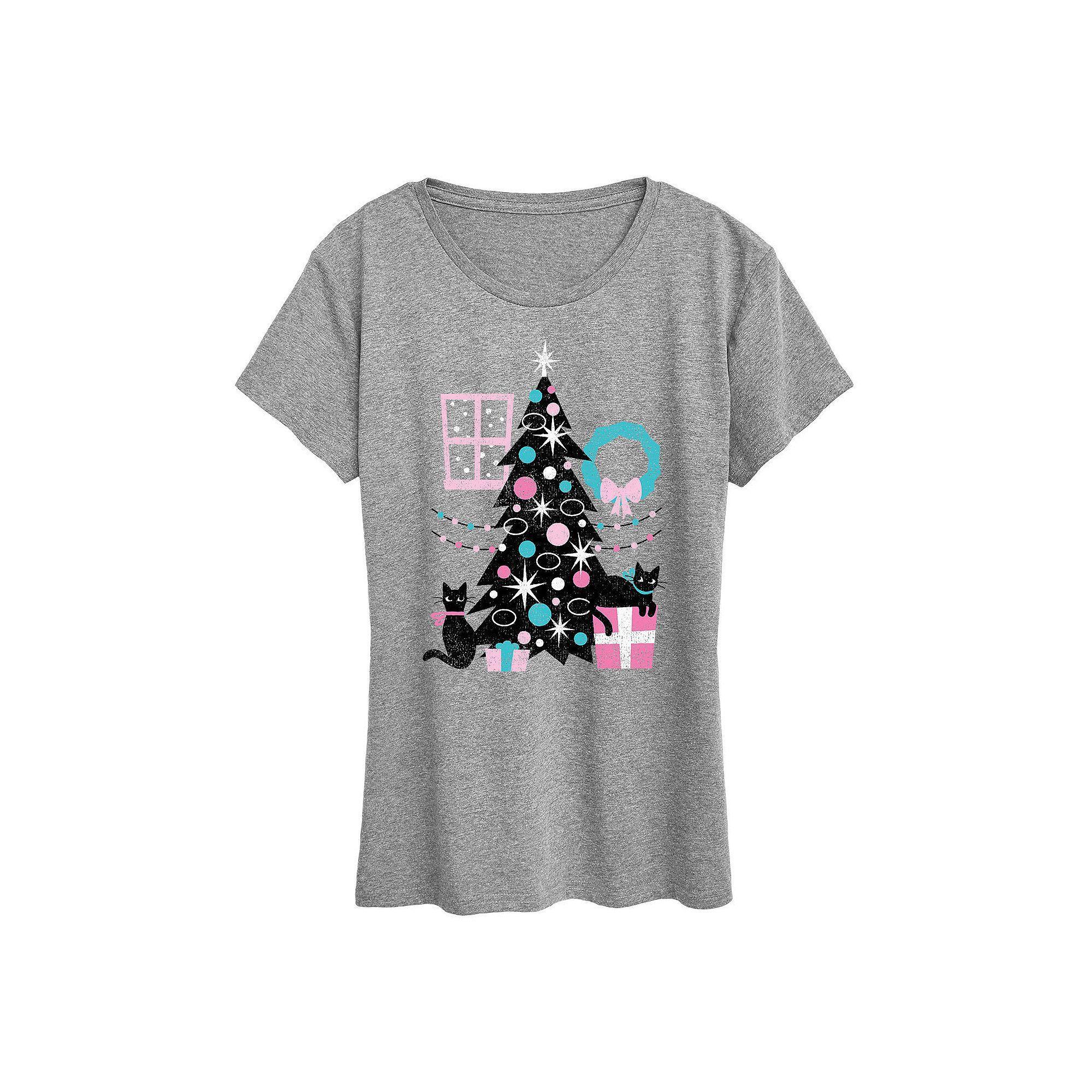 Women's Cats And Christmas Tree Graphic Tee, Girl's,  Product Image